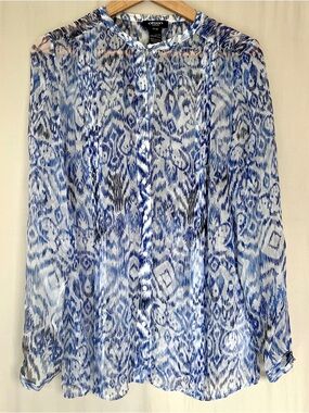 Olsen Europe 100% Silk Lightweight Blue Ikat Print Blouse Size M